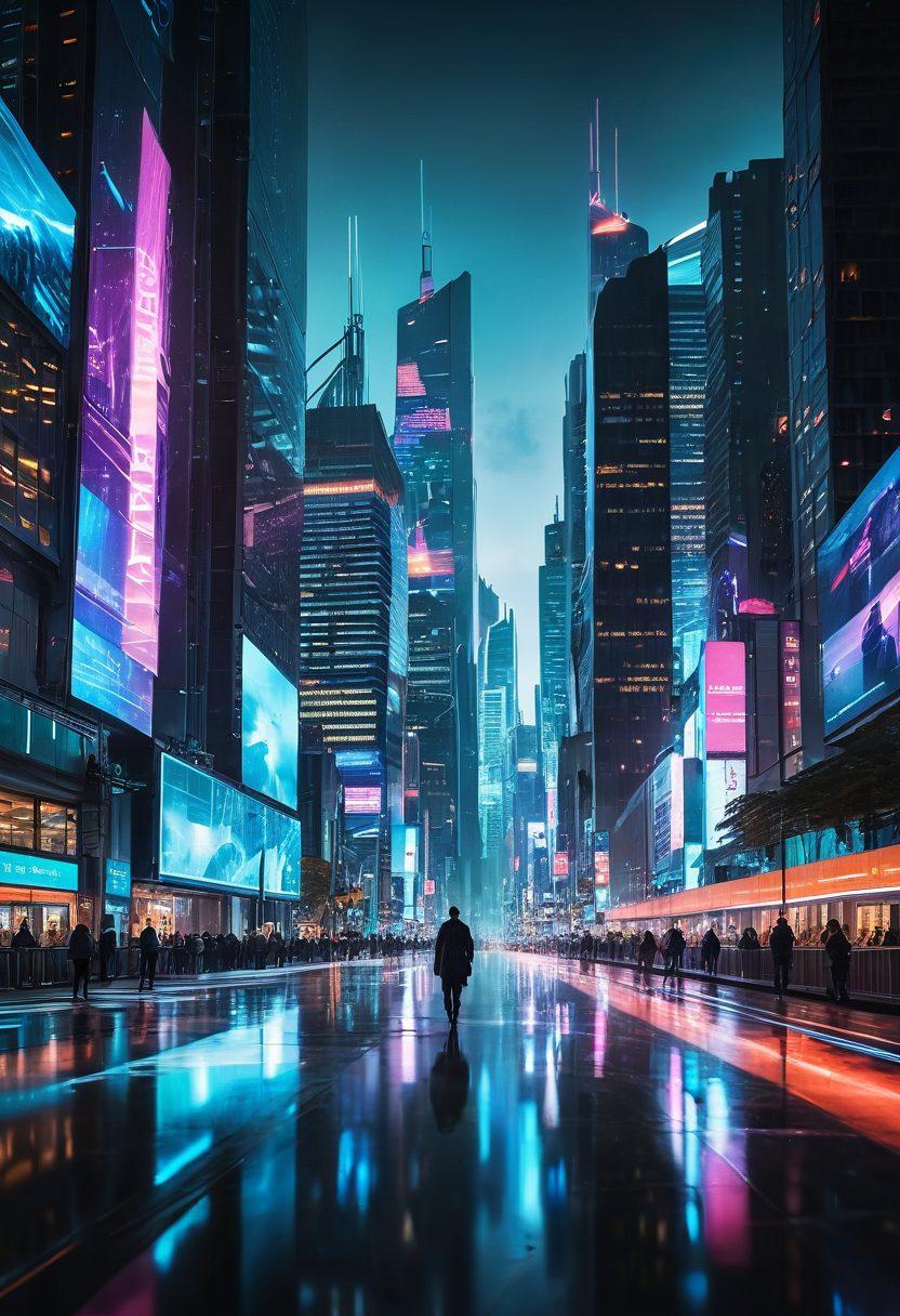 A futuristic cityscape showcasing the evolution of tracking technologies, featuring holographic displays of software performance metrics, defense mechanisms, and advanced tracking devices integrated into everyday life. Include dynamic elements such as glowing data streams and silhouettes of people interacting with these technologies in vibrant colors. The overall atmosphere should combine elements of technology and security in a captivating manner. futuristic, cyberpunk, vibrant colors.