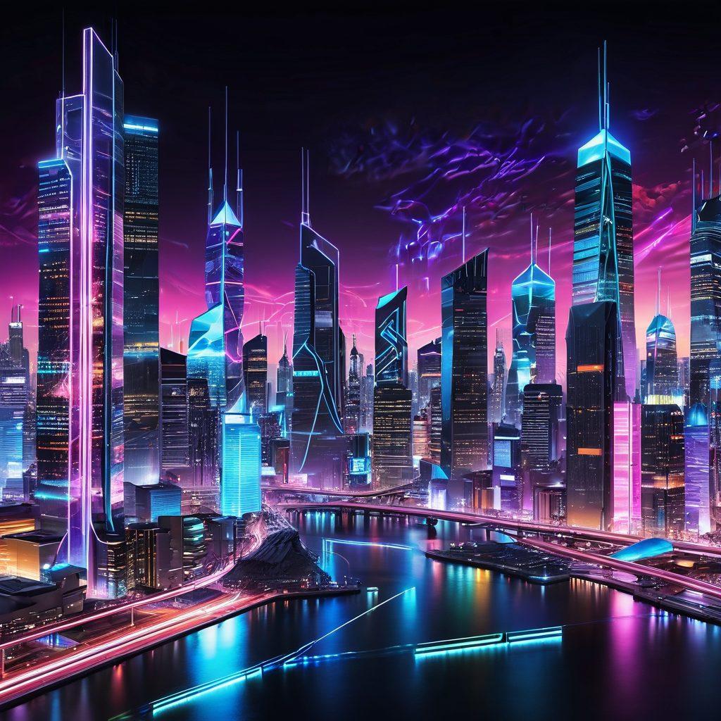 A vibrant digital landscape showcasing diverse data visualizations, such as graphs and charts, integrated with a futuristic city skyline in the background. Include elements representing software systems like servers and databases, illuminated by neon lights. The scene should convey a sense of empowerment and technology, with an emphasis on connectivity and analysis. super-realistic. vibrant colors. cyberpunk.