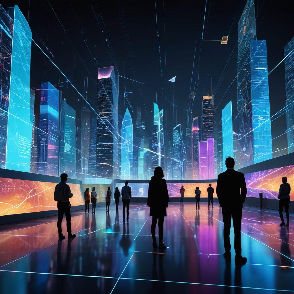 A futuristic cityscape showcasing advanced data tracing and digital monitoring technologies, with vibrant holographic interfaces and data streams flowing through the air. Add a diverse group of people interacting with glowing screens, symbolizing connectivity and innovation. Integrate elements of cybersecurity and analytics in the background, emphasizing a tech-forward society. super-realistic. vibrant colors. 3D.
